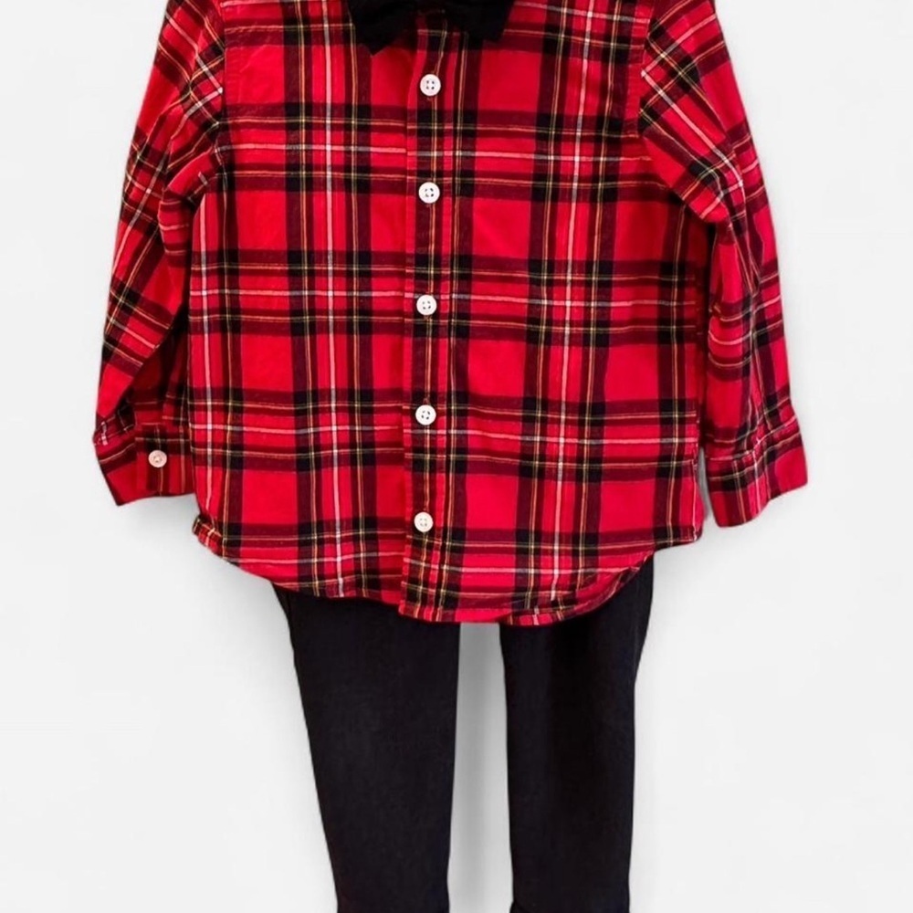 3T Red Plaid Toddler Boy Old Navy Button Up Shirt Bow Tie Zara Baby Pants Set